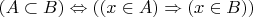 $(A \subset B) \Leftrightarrow \forallx((x \in A) \Rightarrow (x \in B))$