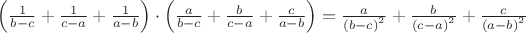 $\left( {\frac{1}{{b - c}} + \frac{1}{{c - a}} + \frac{1}{{a - b}}} \right) \cdot \left( {\frac{a}{{b - c}} + \frac{b}{{c - a}} + \frac{c}{{a - b}}} \right) = \frac{a}{{{{(b - c)}^2}}} + \frac{b}{{{{(c - a)}^2}}} + \frac{c}{{{{(a - b)}^2}}}$