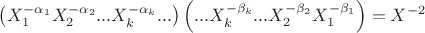 $\left( X_{1}^{-{{\alpha }_{1}}}X_{2}^{-{{\alpha }_{2}}}...X_{k}^{-{{\alpha }_{k}}}... \right)\left( ...X_{k}^{-{{\beta }_{k}}}...X_{2}^{-{{\beta }_{2}}}X_{1}^{-{{\beta }_{1}}} \right)={{X}^{-2}}$
