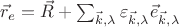 $\vec{r}_e=\vec{R}+\sum_{\vec{k},\lambda}\varepsilon_{\vec{k},\lambda}\vec{e}_{\vec{k},\lambda}$