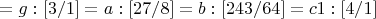 $=g:[3/1] =a:[27/8] =b:[243/64] =c1:[4/1]$