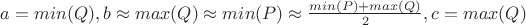 $a=min(Q), b\approx max(Q)\approx min(P)\approx \frac{min(P)+max(Q)}{2}, c=max(Q)$
