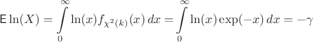 $$\mathsf E\ln(X) = \int\limits_0^{\infty} \ln(x) f_{\chi^2(k)}(x)\,dx \; \mathsf = \int\limits_0^{\infty} \ln(x)\exp(-x)\,dx = -\gamma$$