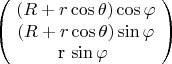 $$\begin{pmatrix}
 $ \left(R+r\cos  \theta  \right)\cos  \varphi  $ \\
$ \left(R+r\cos  \theta  \right)\sin  \varphi $ \\
$ r \sin \varphi  $
\end{pmatrix}$$