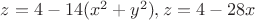 $z=4-14(x^2+y^2), z= 4-28x$