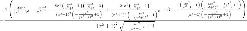 $$- \frac{4 \left(\frac{24 x^{4}}{\left(x^{2} + 1\right)^{2}} - \frac{24 x^{2}}{x^{2} + 1} + \frac{8 x^{2} \left(\frac{2 x^{2}}{x^{2} + 1} - 1\right) \left(\frac{4 x^{2}}{x^{2} + 1} - 3\right)}{\left(x^{2} + 1\right)^{2} \left(- \frac{4 x^{2}}{\left(x^{2} + 1\right)^{2}} + 1\right)} + \frac{24 x^{2} \left(\frac{2 x^{2}}{x^{2} + 1} - 1\right)^{3}}{\left(x^{2} + 1\right)^{3} \left(- \frac{4 x^{2}}{\left(x^{2} + 1\right)^{2}} + 1\right)^{2}} + 3 + \frac{2 \left(\frac{2 x^{2}}{x^{2} + 1} - 1\right) \left(\frac{12 x^{4}}{\left(x^{2} + 1\right)^{2}} - \frac{10 x^{2}}{x^{2} + 1} + 1\right)}{\left(x^{2} + 1\right) \left(- \frac{4 x^{2}}{\left(x^{2} + 1\right)^{2}} + 1\right)}\right)}{\left(x^{2} + 1\right)^{2} \sqrt{- \frac{4 x^{2}}{\left(x^{2} + 1\right)^{2}} + 1}}$$