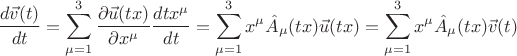 $$
\frac{d\vec v(t)}{dt}=\sum_{\mu=1}^3\frac{\partial \vec u(tx)}{\partial x^\mu}\frac{d  tx^\mu}{d t}=
\sum_{\mu=1}^3x^\mu\hat A_{\mu}(tx)\vec u(tx)=\sum_{\mu=1}^3x^\mu\hat A_{\mu}(tx)\vec v(t)$$