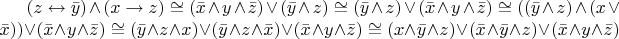 $(z\leftrightarrow\bar{y})\wedge(x\rightarrow z)\cong(\bar{x}\wedge y\wedge\bar{z})\vee(\bar{y}\wedge z)\cong(\bar{y}\wedge z)\vee(\bar{x}\wedge y\wedge\bar{z})\cong((\bar{y}\wedge z)\wedge(x\vee\bar{x}))\vee(\bar{x}\wedge y\wedge\bar{z})\cong(\bar{y}\wedge z\wedge x)\vee(\bar{y}\wedge z\wedge\bar{x})\vee(\bar{x}\wedge y\wedge\bar{z})\cong(x\wedge\bar{y}\wedge z)\vee(\bar{x}\wedge\bar{y}\wedge z)\vee(\bar{x}\wedge y\wedge\bar{z})$