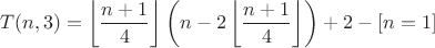 $$T(n,3)=\left\lfloor\frac{n+1}{4}\right\rfloor\left(n-2\left\lfloor\frac{n+1}{4}\right\rfloor\right)+2-[n=1]$$