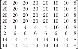 $\begin{bmatrix}
20 & 20 & 20 & 20 & 20 & 10 & 10 & 8\\
20 & 20 & 20 & 20 & 20 & 10 & 10 & 8\\
20 & 20 & 20 & 20 & 20 & 10 & 10 & 8\\
20 & 20 & 20 & 20 & 20 & 10 & 10 & 8\\
2 & 4 & 4 & 4 & 4 & 10 & 10 & 8\\
2 & 6 & 6 & 6 & 6 & 6 & 6 & 8\\
14 & 14 & 14 & 14 & 14 & 14 & 14 & 8\\
14 & 14 & 14 & 14 & 14 & 14 & 14 & 8\\
\end{bmatrix}$