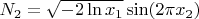 $N_2=\sqrt{-2\ln{x_1}}\sin(2\pi x_2 )$