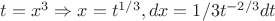 $ t = x^3 \Rightarrow x= t^{1/3}, dx=1/3t^{-2/3}dt   $
