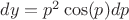 $dy= p^2 \cos(p) dp$