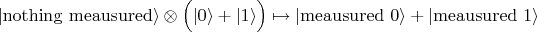 $|{\rm nothing\ meausured}\rangle\otimes\Bigl(|0\rangle+|1\rangle\Bigr)\mapsto|{\rm meausured\ 0}\rangle+|{\rm meausured\ 1}\rangle$