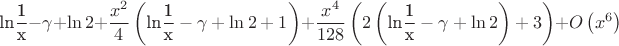 $${\text{ln}}\frac{{\text{1}}}{{\text{x}}} - \gamma  + \ln 2 + \frac{{x^2 }}{4}\left( {{\text{ln}}\frac{{\text{1}}}
{{\text{x}}} - \gamma  + \ln 2 + 1} \right) + \frac{{x^4 }}{{128}}\left( {2\left( {{\text{ln}}\frac{{\text{1}}}{{\text{x}}} - \gamma  + \ln 2} \right) + 3} \right) + O\left( {x^6 } \right)$$