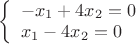 $% MathType!MTEF!2!1!+-
% feaafiart1ev1aaatCvAUfeBSjuyZL2yd9gzLbvyNv2CaerbuLwBLn
% hiov2DGi1BTfMBaeXatLxBI9gBaerbd9wDYLwzYbItLDharqqtubsr
% 4rNCHbGeaGqiVu0Je9sqqrpepC0xbbL8F4rqqrFfpeea0xe9Lq-Jc9
% vqaqpepm0xbba9pwe9Q8fs0-yqaqpepae9pg0FirpepeKkFr0xfr-x
% fr-xb9adbaqaaeGaciGaaiaabeqaamaabaabaaGcbaWaaiqaaqaabe
% qaaiabgkHiTiaadIhadaWgaaWcbaGaaGymaaqabaGccqGHRaWkcaaI
% 0aGaamiEamaaBaaaleaacaaIYaaabeaakiabg2da9iaaicdaaeaaca
% WG4bWaaSbaaSqaaiaaigdaaeqaaOGaeyOeI0IaaGinaiaadIhadaWg
% aaWcbaGaaGOmaaqabaGccqGH9aqpcaaIWaaaaiaawUhaaaaa!4680!
\[
\left\{ \begin{array}{l}
  - x_1  + 4x_2  = 0 \\ 
 x_1  - 4x_2  = 0 \\ 
 \end{array} \right.
\]
$