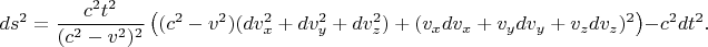 $$ds^2=\frac{c^2t^2}{(c^2-v^2)^2}\left((c^2-v^2)(dv^2_x+dv^2_y+dv^2_z)+(v_xdv_x+v_ydv_y+v_zdv_z)^2\right)-c^2dt^2.$$