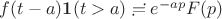 $f(t-a) \mathbf{1}(t>a) \risingdotseq e^{-ap}F(p)$