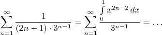 $$\sum\limits_{n=1}^\infty \dfrac{1}{(2n-1)\cdot 3^{n-1}}=\sum\limits_{n=1}^\infty \dfrac{\int\limits_0^1 x^{2n-2}\,dx}{3^{n-1}}=\dots$$
