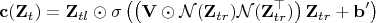 $$
\mathbf{c}(\mathbf{Z}_t) = \mathbf{Z}_{tl} \odot \sigma\left( \left( \mathbf{V} \odot \mathcal{N}(\mathbf{Z}_{t r}) \mathcal{N}(\mathbf{Z}_{t r}^\top) \right) \mathbf{Z}_{t r} + \mathbf{b}' \right)
$$