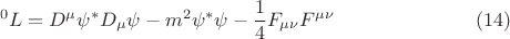 $$ {{}^0 L} = D^{\mu} \psi^{*} D_{\mu} \psi - m^2 \psi^{*} \psi - \frac{1}{4} F_{\mu \nu} F^{\mu \nu} \eqno{(14)}$$