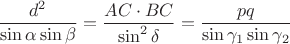 $$
\frac{d^2}{\sin \alpha \sin \beta}  = \frac{AC \cdot BC}{\sin^2 \delta} = \frac{pq}{\sin \gamma_1 \sin \gamma_2}
$$