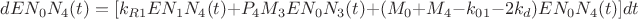 $dE{N_0}{N_4}(t) = [{k_{R1}}E{N_1}{N_4}(t) + {P_4}{M_3}E{N_0}{N_3}(t) + ({M_0} + {M_4} - {k_{01}} - 2{k_d})E{N_0}{N_4}(t)]dt$