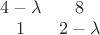 $% MathType!MTEF!2!1!+-
% feaafiart1ev1aaatCvAUfeBSjuyZL2yd9gzLbvyNv2CaerbuLwBLn
% hiov2DGi1BTfMBaeXatLxBI9gBaerbd9wDYLwzYbItLDharqqtubsr
% 4rNCHbGeaGqiVu0Je9sqqrpepC0xbbL8F4rqqrFfpeea0xe9Lq-Jc9
% vqaqpepm0xbba9pwe9Q8fs0-yqaqpepae9pg0FirpepeKkFr0xfr-x
% fr-xb9adbaqaaeGaciGaaiaabeqaamaabaabaaGcbaqbaeqabiGaaa
% qaaiaaisdacqGHsislcqaH7oaBaeaacaaI4aaabaGaaGymaaqaaiaa
% ikdacqGHsislcqaH7oaBaaaaaa!3E36!
\[
\begin{array}{*{20}c}
   {4 - \lambda } & 8  \\
   1 & {2 - \lambda }  \\
\end{array}
\]
$