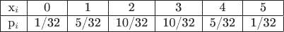 $$\begin{tabular}{|c|c|c|c|c|c|c|}
\hline
x_i & 0 & 1 & 2 & 3 & 4 & 5\\
\hline
p_i & 1/32 & 5/32 & 10/32 &10/32& 5/32&1/32 \\
\hline
\end{tabular}$$