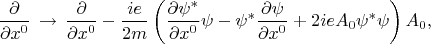 $$ \frac \partial {\partial x^0} \,\rightarrow \,\frac \partial {\partial x^0} - \frac {ie}{2m}\left(\frac {\partial \psi^*}{\partial x^0} \psi - \psi^* \frac {\partial \psi} {\partial x^0}+2ieA_0 \psi^*\psi  \right) A_0, $$