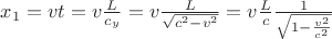 $x_1=vt=v\frac{L}{c_y}=v\frac{L}{\sqrt{c^2-v^2}}=v\frac{L}{c}\frac{1}{\sqrt{1-\frac{v^2}{c^2}}}$ $x_1=vt=v\frac{L}{c_y}=v\frac{L}{\sqrt{c^2-v^2}}=v\frac{L}{c}\frac{1}{\sqrt{1-\frac{v^2}{c^2}}}$