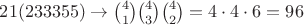 $21(233355) \to \binom{4}{1}\binom{4}{3}\binom{4}{2}=4\cdot4\cdot6=96$