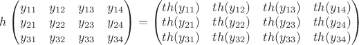 $h\begin{pmatrix}y_{11}&  y_{12}& y_{13}& y_{14}\\ y_{21}&  y_{22}& y_{23}& y_{24}\\ y_{31}&  y_{32}& y_{33}& y_{34}\end{pmatrix} = \begin{pmatrix}th(y_{11})&  th(y_{12})& th(y_{13})& th(y_{14})\\ th(y_{21})&  th(y_{22})& th(y_{23})& th(y_{24})\\ th(y_{31})&  th(y_{32})& th(y_{33})& th(y_{34})\end{pmatrix}$