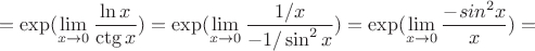 $$=\exp( \lim\limits_{x\to 0} \frac{ \ln  x}{\ctg x})=\exp( \lim\limits_{x\to 0} \frac{ 1/x}{-1/\sin^2x})=\exp( \lim\limits_{x\to 0} \frac{ -sin^2x}{x})=$$