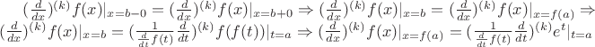 $(\frac{d}{dx})^{(k)}f(x)|_{x=b-0}=(\frac{d}{dx})^{(k)}f(x)|_{x=b+0} \Rightarrow (\frac{d}{dx})^{(k)}f(x)|_{x=b}=(\frac{d}{dx})^{(k)}f(x)|_{x=f(a)} \Rightarrow (\frac{d}{dx})^{(k)}f(x)|_{x=b}=(\frac{1}{\frac{d}{dt}f(t)}\frac{d}{dt})^{(k)}f(f(t))|_{t=a} \Rightarrow (\frac{d}{dx})^{(k)}f(x)|_{x=f(a)}=(\frac{1}{\frac{d}{dt}f(t)}\frac{d}{dt})^{(k)}e^t|_{t=a}$