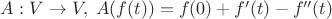 $A: V\to V,\; A(f(t))=f(0)+f'(t)-f''(t)$