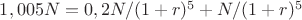 $1,005N = 0,2N / (1+r)^5  + N / (1+r)^5$