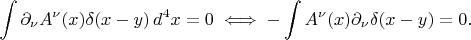 $$
\int \partial_\nu A^\nu(x)\delta (x-y)\,d^4x=0 \iff -\int A^\nu (x)\partial_{\nu} \delta (x-y)=0.
$$