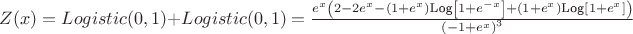 $Z(x) = Logistic(0,1) + Logistic(0,1) = \frac{e^x \left(2-2 e^x-\left(1+e^x\right) \text{Log}\left[1+e^{-x}\right]+\left(1+e^x\right) \text{Log}\left[1+e^x\right]\right)}{\left(-1+e^x\right)^3}$