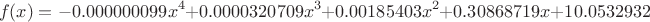 $$f(x)=-0.000000099 x^4+0.0000320709 x^3+0.00185403 x^2+0.30868719 x+10.0532932$$