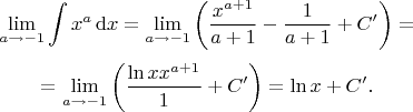 $$
\lim_{a\to-1}\int x^a \,\mathrm{d}x
=
\lim_{a\to-1}\left(\dfrac{x^{a+1}}{a+1}-\dfrac{1}{a+1}+C'\right)
=
$$
$$
=
\lim_{a\to-1}\left(\dfrac{\ln x x^{a+1}}{1}+C'\right)
=
\ln x + C'
.
$$