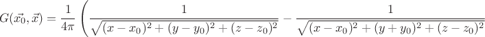 $$
G(\vec{x_0}, \vec{x}) = \frac{1}{4\pi}\left( \frac{1}{\sqrt{(x-x_0)^2 + (y - y_0)^2 + (z - z_0)^2}} - \frac{1}{\sqrt{(x-x_0)^2 + (y + y_0)^2 + (z - z_0)^2}} $$