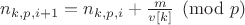 $n_{k,p,i+1}=n_{k,p,i}+\frac{m}{v[k]} \pmod p$