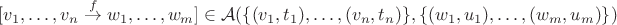 $[v_1, \ldots, v_n \stackrel f \to w_1, \ldots, w_m] \in \mathcal A(\{(v_1, t_1), \ldots, (v_n, t_n)\}, \{(w_1, u_1), \ldots, (w_m, u_m)\})$