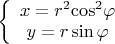 $
\left\{ {\begin{array}{*{20}{c}}
{x = {r^2}{{\cos }^2}\varphi }\\
{y = r\sin \varphi }
\end{array}} \right.$