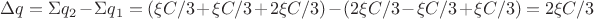 $\Delta q = \Sigma q_2 - \Sigma q_1 = (\xi C/3 + \xi C/3 + 2 \xi C/3) - (2\xi C/3 - \xi C/3 + \xi C/3) = 2\xi C/3$
