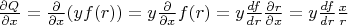 $\frac{\partial Q}{\partial x}=\frac{\partial}{\partial x}(yf(r))=y\frac{\partial}{\partial x}f(r)=y\frac{df}{dr}\frac{\partial r}{\partial x}=y\frac{df}{dr}\frac x r$