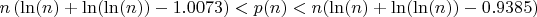 $n\left(\ln(n)+\ln(\ln(n))-1.0073)<p(n)<n(\ln(n)+\ln(\ln(n))-0.9385\right)$