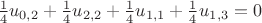 $\frac14 u_{0,2} + \frac14 u_{2,2} + \frac14 u_{1,1} + \frac14 u_{1,3} = 0$
