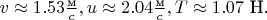 $v\approx 1.53 \frac{\text{м}}{c}, u\approx 2.04 \frac{\text{м}}{c}, T\approx1.07 \text{ Н}.$